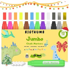 BIGTHUMB 12 Window Markers for Glass Washable, 15mm Jumbo Erasable Chalkboard Markers for Blackboard, Liquid Paint Chalk Pens for Cars, Businesses, Mirrors, Menus, Bistro, Kids and Artists in Kuwait