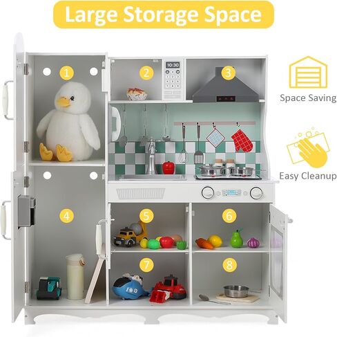 Corner Play Kitchen for Kids, Wooden Kitchen Playset w/Cooking Stove,Oven,Sink, Microwave, Blackboard, Storage Cabinets,Washing Machine Pretend Cooking Toys with Sound Light Girls Boys Gift Ages 3+ in Saudi Arabia