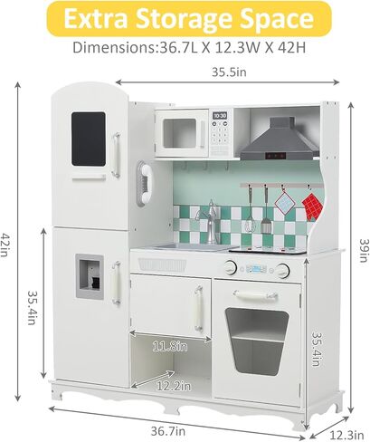 Corner Play Kitchen for Kids, Wooden Kitchen Playset w/Cooking Stove,Oven,Sink, Microwave, Blackboard, Storage Cabinets,Washing Machine Pretend Cooking Toys with Sound Light Girls Boys Gift Ages 3+ in Saudi Arabia