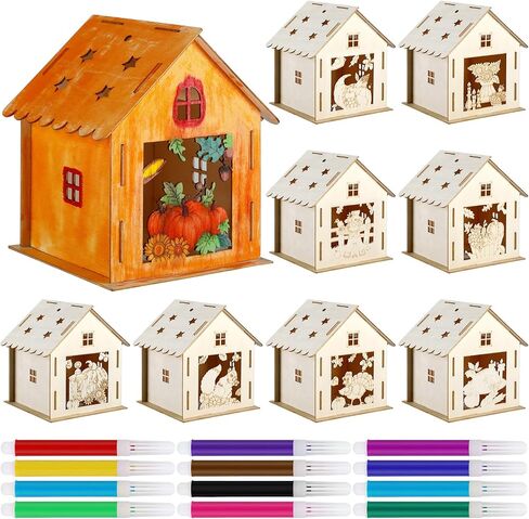 Soaoo 9 Sets Thanksgiving Wooden House with 12 Pcs Watercolor Pens Fall Wooden Houses for Crafts Kids' Wood Craft Kits for Thanksgiving Party Supplies DIY Paint Art in Saudi Arabia