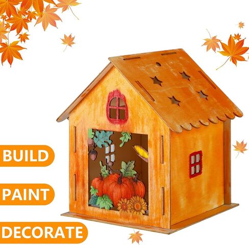 Soaoo 9 Sets Thanksgiving Wooden House with 12 Pcs Watercolor Pens Fall Wooden Houses for Crafts Kids' Wood Craft Kits for Thanksgiving Party Supplies DIY Paint Art in Saudi Arabia