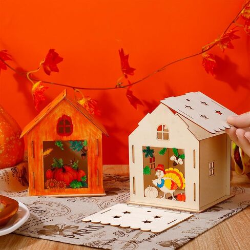 Soaoo 9 Sets Thanksgiving Wooden House with 12 Pcs Watercolor Pens Fall Wooden Houses for Crafts Kids' Wood Craft Kits for Thanksgiving Party Supplies DIY Paint Art in Saudi Arabia