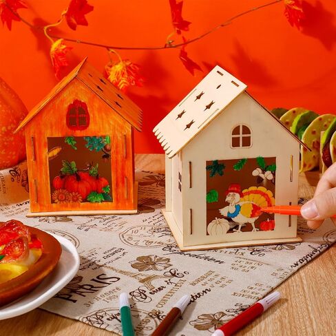 Soaoo 9 Sets Thanksgiving Wooden House with 12 Pcs Watercolor Pens Fall Wooden Houses for Crafts Kids' Wood Craft Kits for Thanksgiving Party Supplies DIY Paint Art in Saudi Arabia