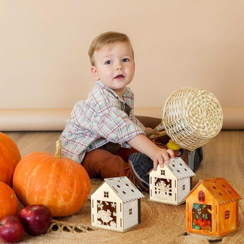 Soaoo 9 Sets Thanksgiving Wooden House with 12 Pcs Watercolor Pens Fall Wooden Houses for Crafts Kids' Wood Craft Kits for Thanksgiving Party Supplies DIY Paint Art in Saudi Arabia