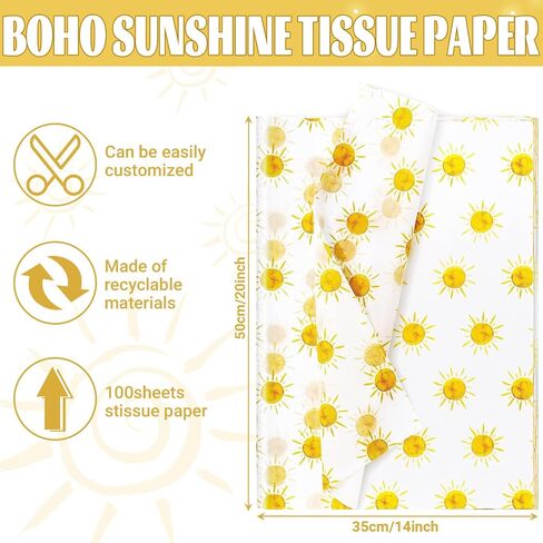 100 Sheets 20 * 14 Inches Boho Sun Tissue Paper for Gift Wrapping, Yellow Sunshine Tissue Paper for Gift Bags for First Trip Around The Sun Birthday Party Baby Shower DIY Craft in Saudi Arabia