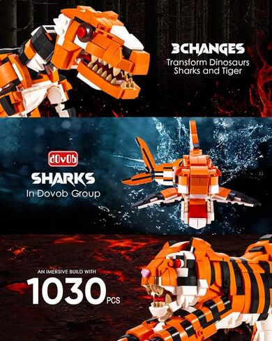 مجموعة مكعبات صغيرة 3 في 1 من dOvOb على شكل نمر أو تيرانوصور أو سمك القرش (1030 قطعة)، لعبة فكرة رائعة للأطفال والأولاد والبنات in Kuwait
