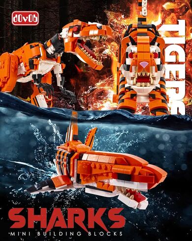 مجموعة مكعبات صغيرة 3 في 1 من dOvOb على شكل نمر أو تيرانوصور أو سمك القرش (1030 قطعة)، لعبة فكرة رائعة للأطفال والأولاد والبنات in Kuwait
