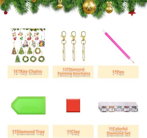 GLOYER 15 Pieces Christmas Diamond Art Ornaments Double Sided Diamond Painting Keychains 5D Painting Round Drill Pendant Crystal Rhinestone Gem Arts Craft for Christmas Decorations Supplies Gift in Kuwait