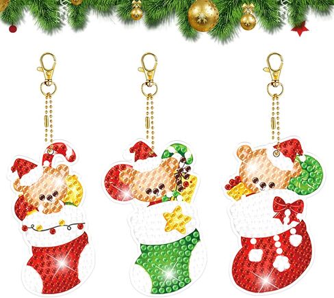 GLOYER 15 Pieces Christmas Diamond Art Ornaments Double Sided Diamond Painting Keychains 5D Painting Round Drill Pendant Crystal Rhinestone Gem Arts Craft for Christmas Decorations Supplies Gift in Kuwait