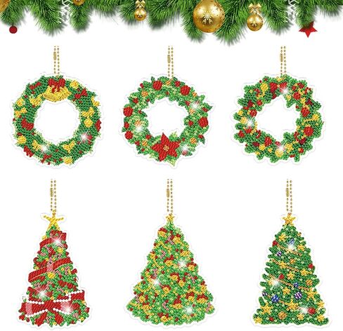 GLOYER 15 Pieces Christmas Diamond Art Ornaments Double Sided Diamond Painting Keychains 5D Painting Round Drill Pendant Crystal Rhinestone Gem Arts Craft for Christmas Decorations Supplies Gift in Kuwait