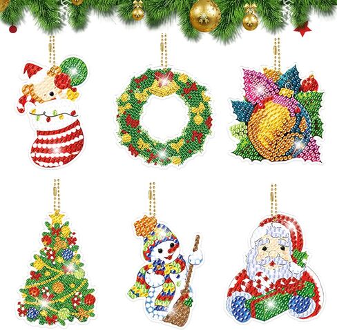 GLOYER 15 Pieces Christmas Diamond Art Ornaments Double Sided Diamond Painting Keychains 5D Painting Round Drill Pendant Crystal Rhinestone Gem Arts Craft for Christmas Decorations Supplies Gift in Kuwait