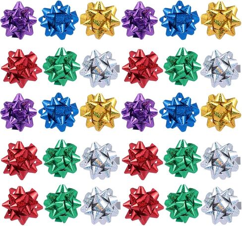 MAGICLULU 100 قطعة هدية عيد الميلاد التفاف القوس المعدني الشريط نجمة القوس ذاتية اللصق هدية التفاف الأقواس عاكسة هدية سحب الانحناء لعطلة عيد ميلاد الديكور الطرف (مختلط اللون) in Kuwait