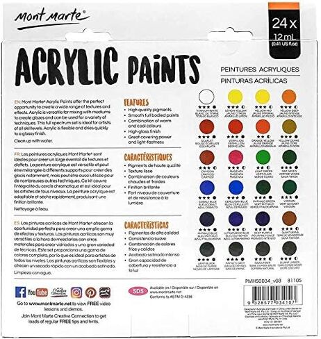 Mont Marte Acrylic Paint Set 24 Colours 12ml, Perfect for Canvas, Wood, Fabric, Leather, Cardboard, Paper, MDF and Crafts (24 Bright Colours 12 ML, 1 PACK) in Saudi Arabia