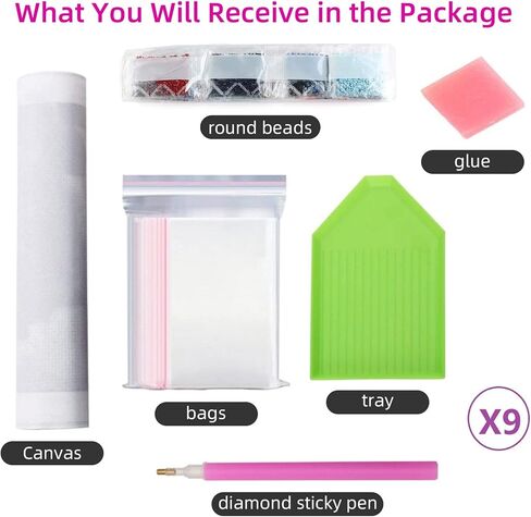 فاين جير باو 9 عبوات من مجموعات الرسم الماسي 5D للبالغين، فن ماسي يدوي للبالغين، فن كريستال مثقوب بالكامل لتزيين جدار المنزل، 11.8 انش × 11.8 انش (زهور) in Kuwait