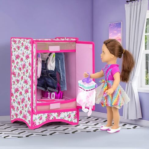 إكسسوارات دمية للبنات من إيكوري فن 45.72 سم خزانة ملابس وإكسسوارات الدمى الأنيقة لتخزين ملابس وإكسسوارات الدمى يشمل خزانة الدمية وشماعات in Kuwait