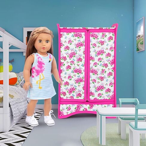 إكسسوارات دمية للبنات من إيكوري فن 45.72 سم خزانة ملابس وإكسسوارات الدمى الأنيقة لتخزين ملابس وإكسسوارات الدمى يشمل خزانة الدمية وشماعات in Kuwait