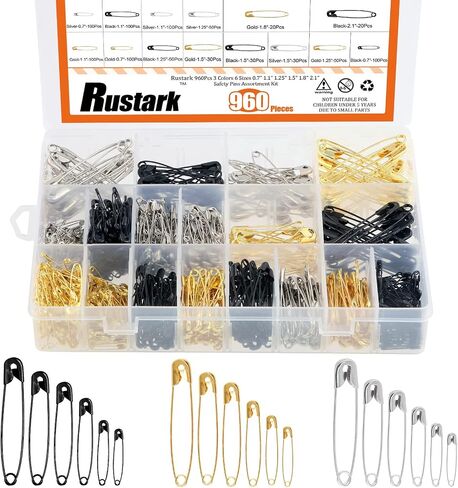 Rustark 960Pcs Safety Pins Assorted 6 Sizes Variety Pack Large and Small Metal Safety Pin Gold Silver Black for Clothing Art Crafts Sewing Quilting Jewelry Making in Saudi Arabia