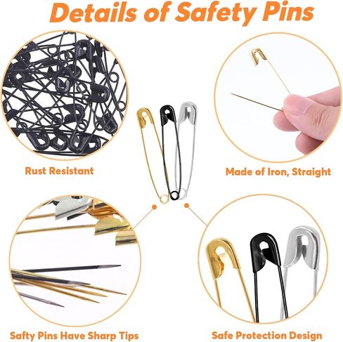 Rustark 960Pcs Safety Pins Assorted 6 Sizes Variety Pack Large and Small Metal Safety Pin Gold Silver Black for Clothing Art Crafts Sewing Quilting Jewelry Making in Saudi Arabia