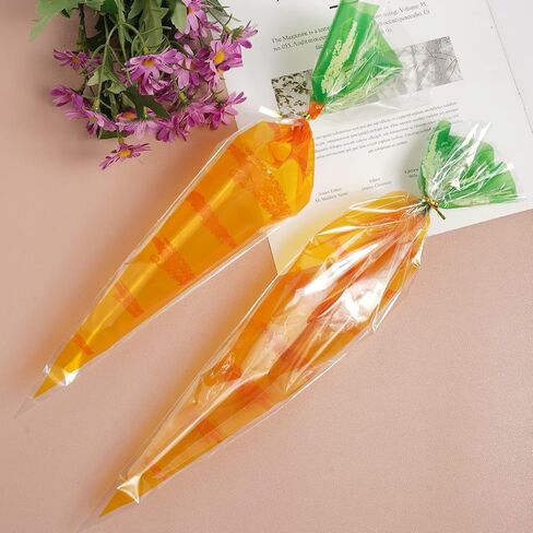 VEIREN 100 Pieces Cone Candy Bags Creative Carrot Shape Treat Bag with Twist Ties Cellophane Goody Cookies DIY Translucent Gift Storage Packaging Bag for Holiday Birthday Wedding Party Decor in Saudi Arabia