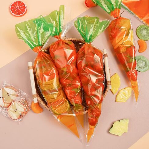 VEIREN 100 Pieces Cone Candy Bags Creative Carrot Shape Treat Bag with Twist Ties Cellophane Goody Cookies DIY Translucent Gift Storage Packaging Bag for Holiday Birthday Wedding Party Decor in Saudi Arabia