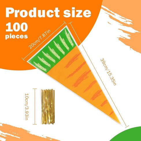 VEIREN 100 Pieces Cone Candy Bags Creative Carrot Shape Treat Bag with Twist Ties Cellophane Goody Cookies DIY Translucent Gift Storage Packaging Bag for Holiday Birthday Wedding Party Decor in Saudi Arabia
