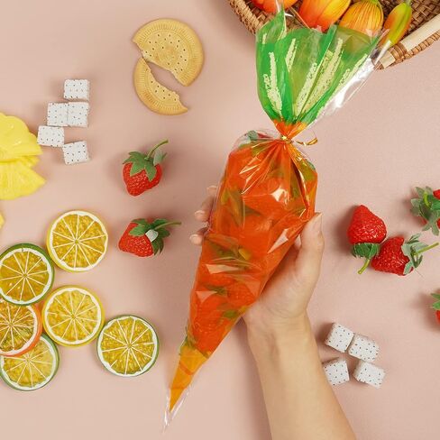 VEIREN 100 Pieces Cone Candy Bags Creative Carrot Shape Treat Bag with Twist Ties Cellophane Goody Cookies DIY Translucent Gift Storage Packaging Bag for Holiday Birthday Wedding Party Decor in Saudi Arabia