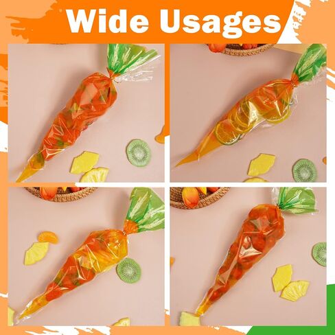 VEIREN 100 Pieces Cone Candy Bags Creative Carrot Shape Treat Bag with Twist Ties Cellophane Goody Cookies DIY Translucent Gift Storage Packaging Bag for Holiday Birthday Wedding Party Decor in Saudi Arabia
