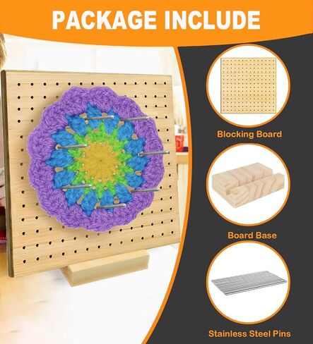 11.8 Inches Blocking Board for Crocheting, SUVEUS Bamboo Board with 20 Pcs 3.9" Steel Pins for Granny Squares and Knitting Crochet, Crochet Accessories Gifts for Women, Stand Included (Natural Color) in Kuwait