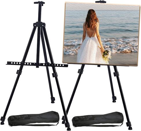 حامل عرض اللوحة الفنية من Aokbean، حامل حامل حامل معدني من الألومنيوم قابل للحمل، ملصقات فنية من القماش، لافتات عرض الصور، حامل حامل ثلاثي القوائم مع حقيبة لرسم الأرضية، اللوحة (66 باللون الأسود - عبوتان) in Kuwait