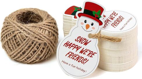 علامات عيد الميلاد WRAPAHOLIC مع سلسلة - 100 قطعة مقاس 1.85 × 3.2 بوصة علامات ورقية بتصميم رجل ثلج عيد الميلاد مع خيوط الجوت الطبيعية بطول 100 قدم لقضاء العطلات وتزيين الحفلات in Kuwait