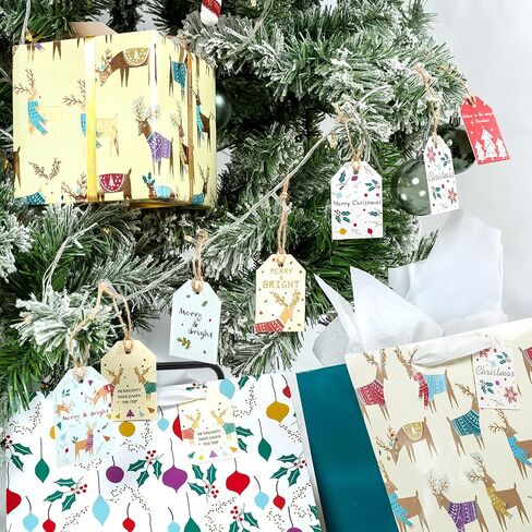 علامات عيد الميلاد WRAPAHOLIC مع سلسلة - 100 قطعة مقاس 1.85 × 3.2 بوصة علامات ورقية بتصميم رجل ثلج عيد الميلاد مع خيوط الجوت الطبيعية بطول 100 قدم لقضاء العطلات وتزيين الحفلات in Kuwait