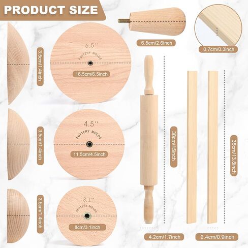 مجموعة قوالب الفخار ENERFUN 6.5 بوصة 4.5 بوصة 3.1 بوصة قوالب الجص 3 عبوات من أدوات الفخار الخشبية بمقبض، قوالب سيراميك مع عصا الطين المتدحرجة + دبوس خشبي متدحرج لأطباق الأطباق DIY قالب ضغط الركود in Kuwait
