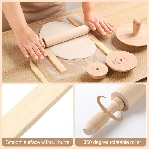 مجموعة قوالب الفخار ENERFUN 6.5 بوصة 4.5 بوصة 3.1 بوصة قوالب الجص 3 عبوات من أدوات الفخار الخشبية بمقبض، قوالب سيراميك مع عصا الطين المتدحرجة + دبوس خشبي متدحرج لأطباق الأطباق DIY قالب ضغط الركود in Kuwait