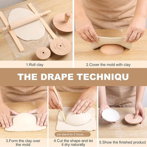 مجموعة قوالب الفخار ENERFUN 6.5 بوصة 4.5 بوصة 3.1 بوصة قوالب الجص 3 عبوات من أدوات الفخار الخشبية بمقبض، قوالب سيراميك مع عصا الطين المتدحرجة + دبوس خشبي متدحرج لأطباق الأطباق DIY قالب ضغط الركود in Kuwait