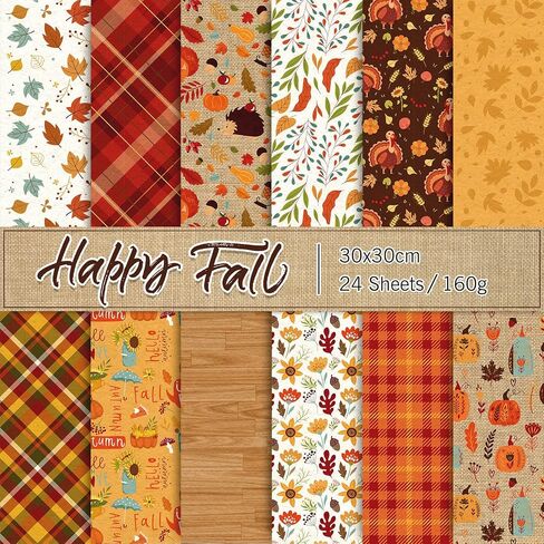 Whaline 24Pcs Fall Pattern Paper 30x30cm Colorful Fall Leaves Pumpkin Plaid Double-Sided Scrapbook Specialty Paper Folded Flat for DIY Decorative Background Card Making Photo Album Junk Journal Decor in Saudi Arabia