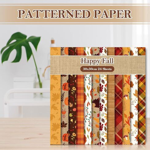 Whaline 24Pcs Fall Pattern Paper 30x30cm Colorful Fall Leaves Pumpkin Plaid Double-Sided Scrapbook Specialty Paper Folded Flat for DIY Decorative Background Card Making Photo Album Junk Journal Decor in Saudi Arabia