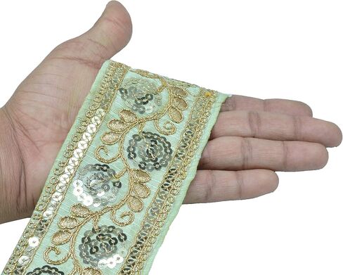 Raw Silk Sequence Floral Border Lace 9.2 Yards/8.5 Meters for Saree Blouse Dupatta Lehenga Sewing Designing Crafts etc. (6 cm Wide) (Pista Green), (ART-28042022A) in Kuwait