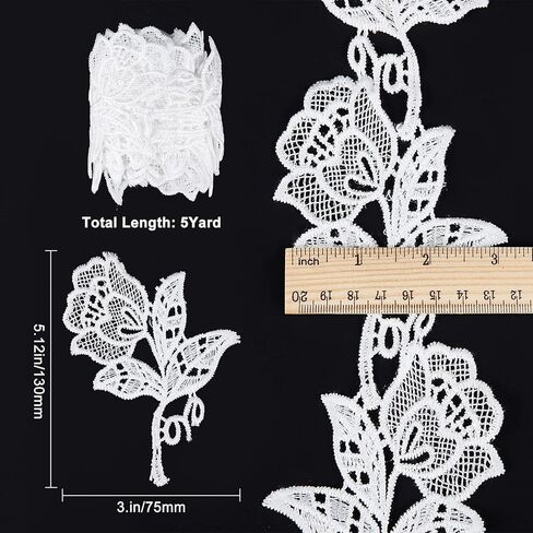 GORGECRAFT 5 Yards Floral Boho Lace Applique Trim 3.2" Wide Black Flower Embroidery Lace Edge Trimmings Embroidered Ribbon for DIY Sewing Crafts Wedding Bridal Dress Embellishment in Kuwait