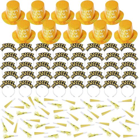Shappy 100 Pcs New Years Eve Party Supplies 2024 New Year Party Kit Includes 10 Top Hats 25 Tiaras Headbands 50 Noisemakers in Saudi Arabia
