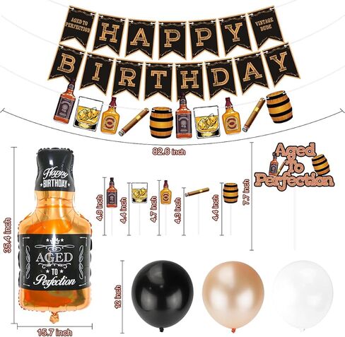 بالونات ويسكي لحفلات أعياد الميلاد، لوازم حفلات أعياد الميلاد بعبارة "Aged to Perfection" لحفلات أعياد الميلاد من ويسكي، زينة كعكة ويسكي، بالونات ذهبية باللون الأبيض والأسود in Kuwait