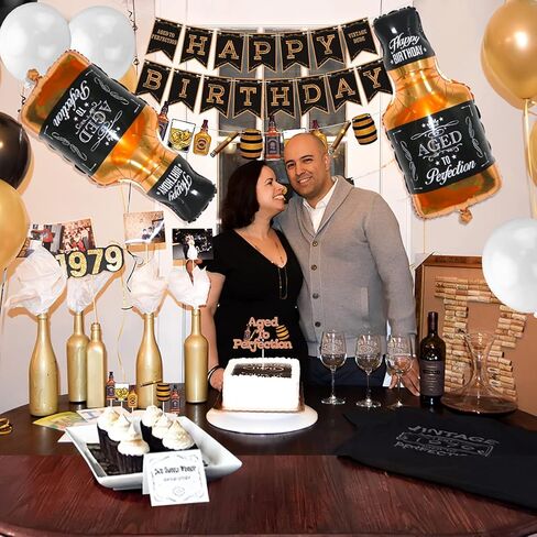 بالونات ويسكي لحفلات أعياد الميلاد، لوازم حفلات أعياد الميلاد بعبارة "Aged to Perfection" لحفلات أعياد الميلاد من ويسكي، زينة كعكة ويسكي، بالونات ذهبية باللون الأبيض والأسود in Kuwait