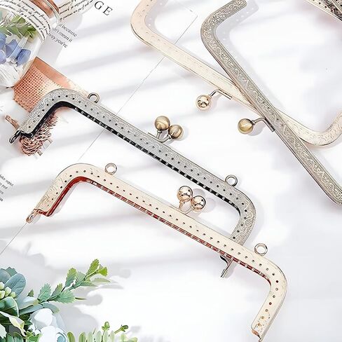 Metal Purse Frame Set - 4pcs Squared Kiss Lock Clasp Locks in Multiple Sizes and Colors for DIY Craft and Bag Making, 8.5 * 4.3 inch Arch Flower Embossed Clutch Frame for Coin Purse Bag, Gold in Kuwait