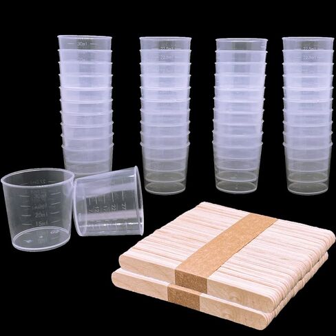 عبوة من 120 كوب بلاستيكي متدرجة، أكواب شفافة بحجم 30 مل مع 100 قطعة من العصي الخشبية لخلط الطلاء واللصق والإبوكسي والراتنج in Kuwait