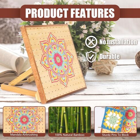 لوح حظر الكروشيه من FunisFun مع أوتاد، ألواح خشبية من الخيزران مقاس 9.25 بوصة للحياكة ومربعات الجدة مع 16 دبابيس من الفولاذ المقاوم للصدأ، هدايا للأمهات الجدات in Kuwait