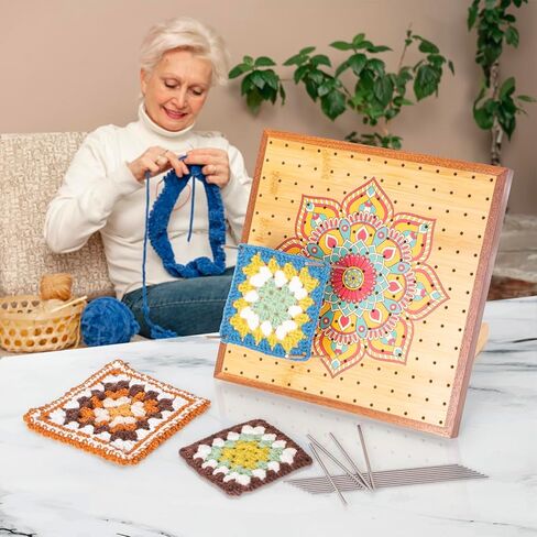 لوح حظر الكروشيه من FunisFun مع أوتاد، ألواح خشبية من الخيزران مقاس 9.25 بوصة للحياكة ومربعات الجدة مع 16 دبابيس من الفولاذ المقاوم للصدأ، هدايا للأمهات الجدات in Kuwait