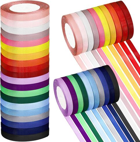 شريط من الساتان Glitinsel 40 لفة بطول 1000 ياردة، شريط قماشي 3/8 بوصة، شريط متنوع لتغليف الهدايا وتزيين الحفلات، أشرطة حريرية للحرف اليدوية وخياطة باقة الزهور وصناعة القوس، 20 لونًا ثابتًا in Kuwait