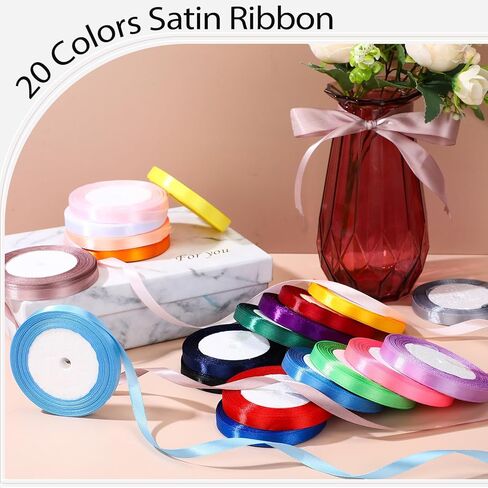 شريط من الساتان Glitinsel 40 لفة بطول 1000 ياردة، شريط قماشي 3/8 بوصة، شريط متنوع لتغليف الهدايا وتزيين الحفلات، أشرطة حريرية للحرف اليدوية وخياطة باقة الزهور وصناعة القوس، 20 لونًا ثابتًا in Kuwait