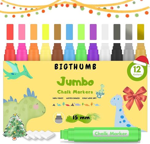 BIGTHUMB 12 Window Markers for Glass Washable, 15mm Jumbo Erasable Chalkboard Markers for Blackboard, Liquid Paint Chalk Pens for Cars, Businesses, Mirrors, Menus, Bistro, Kids and Artists in Kuwait