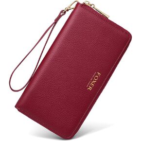 محافظ جلدية بسحاب حول محافظ للنساء من FOXLOVER، صندوق هدايا من الجلد الطبيعي بسحاب RFID يحتوي على 17 فتحة للبطاقات ومحافظ طويلة للسيدات مع جيب للعملات المعدنية بسحاب ومحافظ نسائية مع سوار معصم (أحمر) in Kuwait