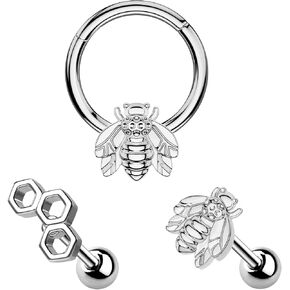 Melighting 3pcs Bee Cartilage Earrings 316L Surgical Steel 16G Septum Jewelry Helix Earrings Honeycomb Tragus Earring Stud for Men Women Daith Piercing Rook Conch Earring Piercing Body Jewelry